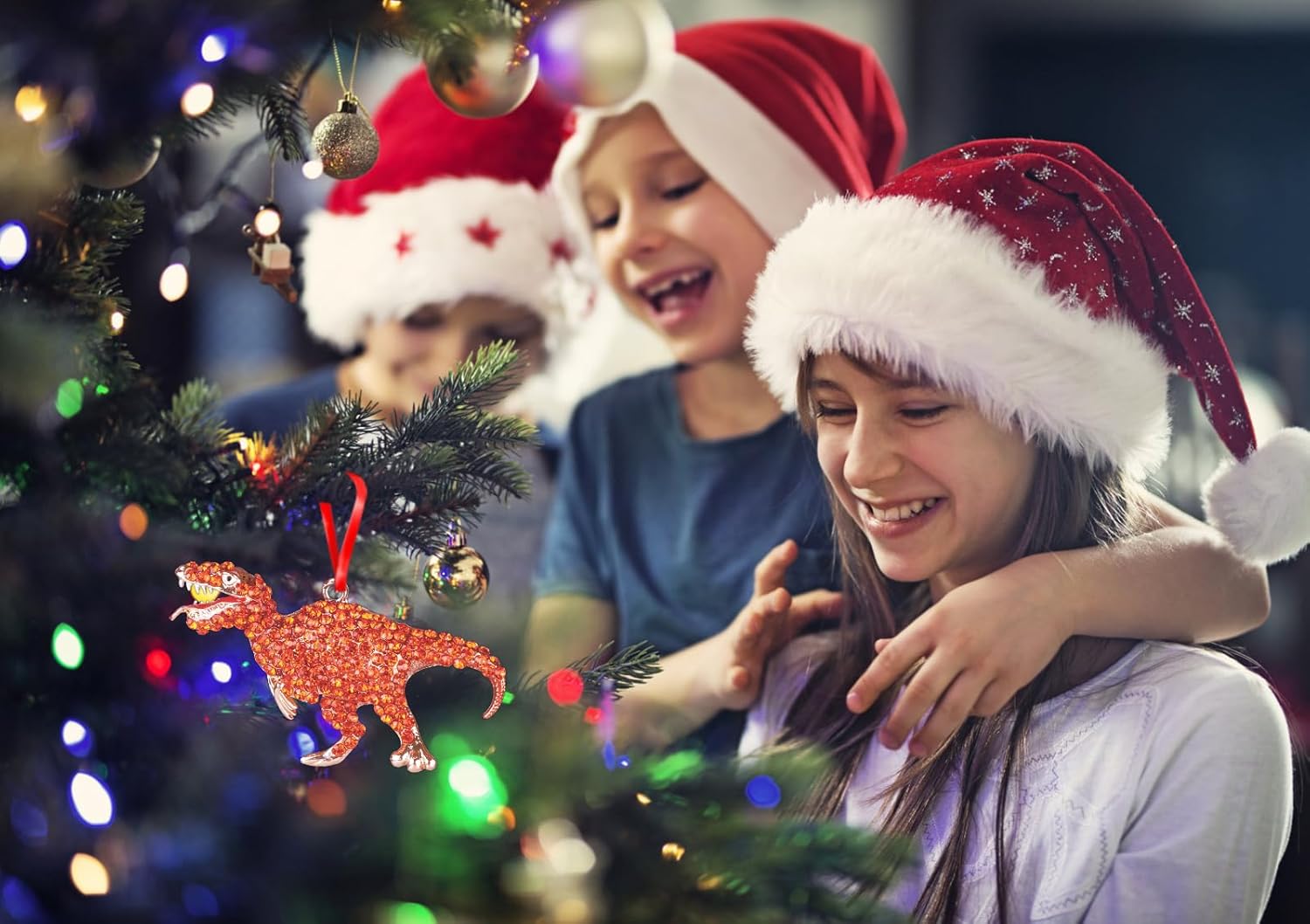 WaaHome Adornos de Navidad de dinosaurio de metal, adornos de recuerdo de dinosaurio naranja para decoraciones de árbol de Navidad, decoración de