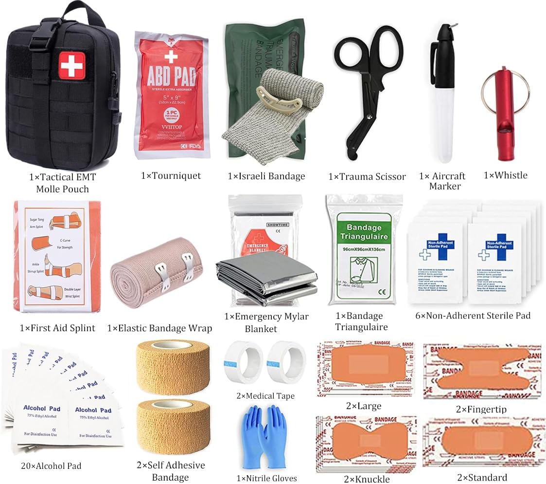 IFAK Kit de trauma, kit de primeros auxilios médicos militares con torniquete, bolsa de supervivencia de emergencia para suministros de equipo de