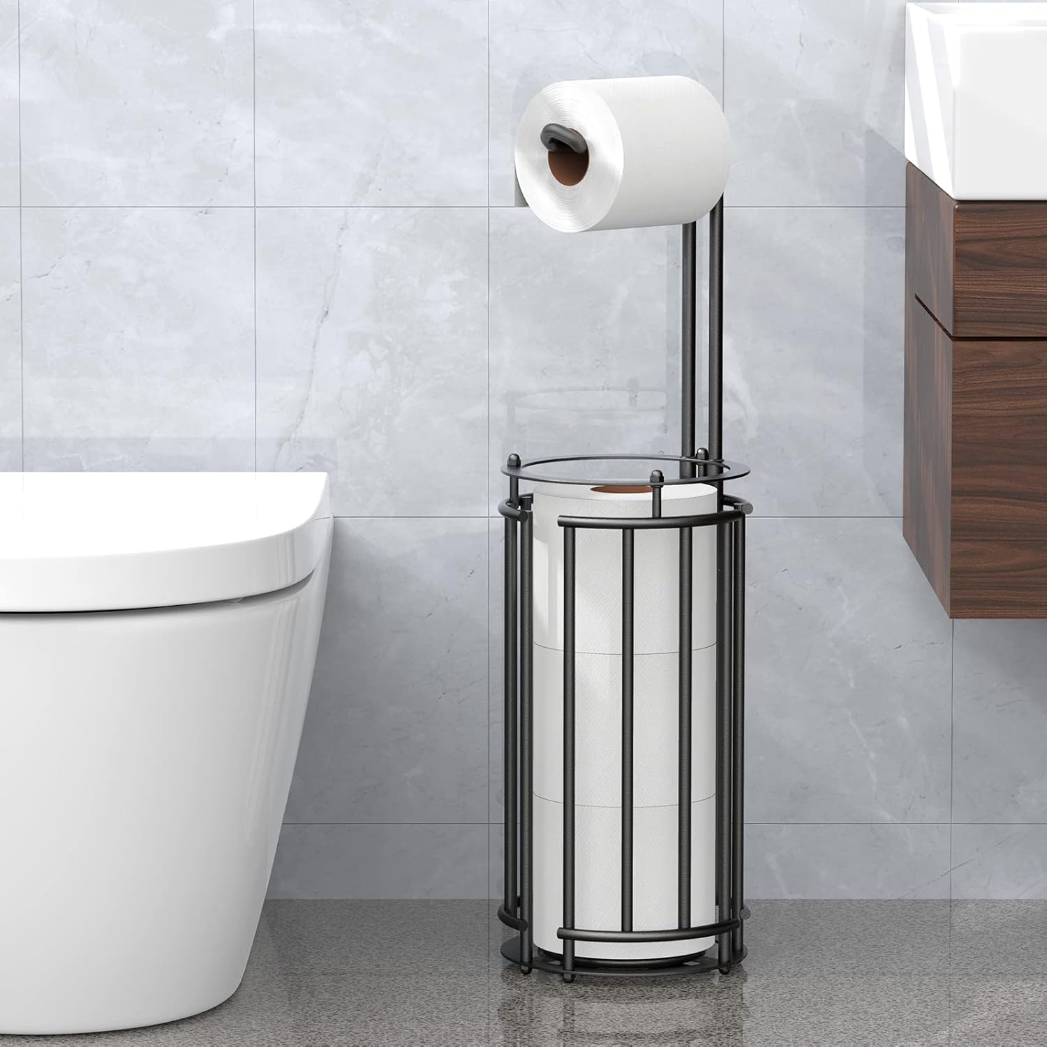 Meangood Soporte de papel higiénico y dispensador de rollo de papel de seda para 4 megarrollos, soporte de almacenamiento de rollos de papel