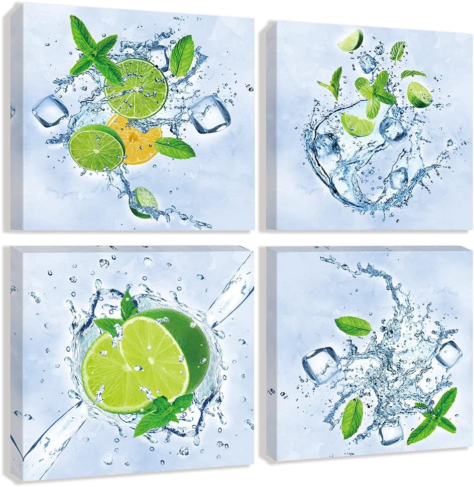 Imágenes verdes de cocina con frutas para decoración de pared, hojas de limón y menta, impresiones en lienzo, pinturas de hielo, arte de pared para