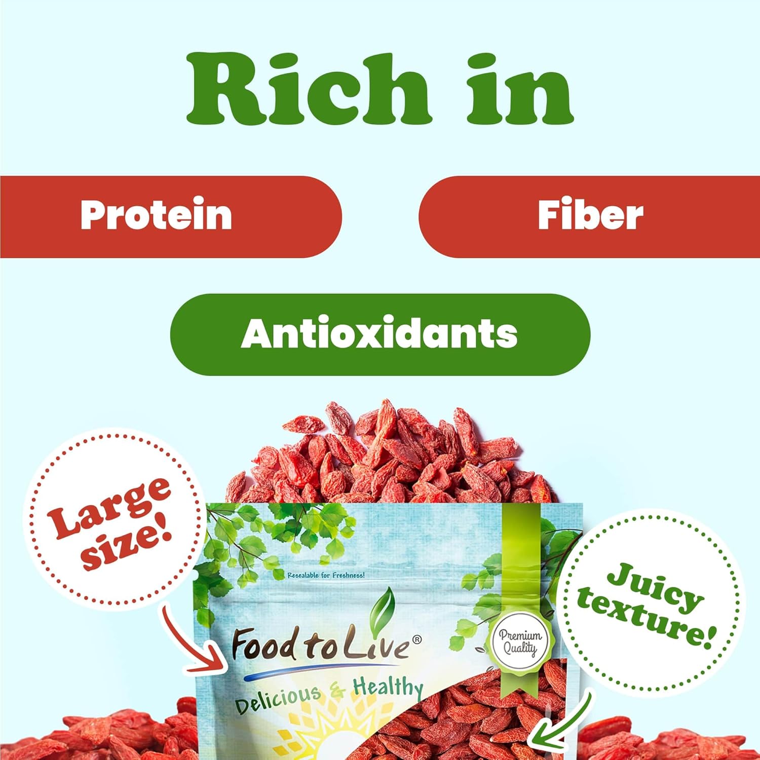 Bayas de Goji, 1.5 libras, secadas al sol, grandes y jugosas, sin azúcar, veganas, a granel. Alto en hierro, vitaminas A y C. Bocadillo de frutas.