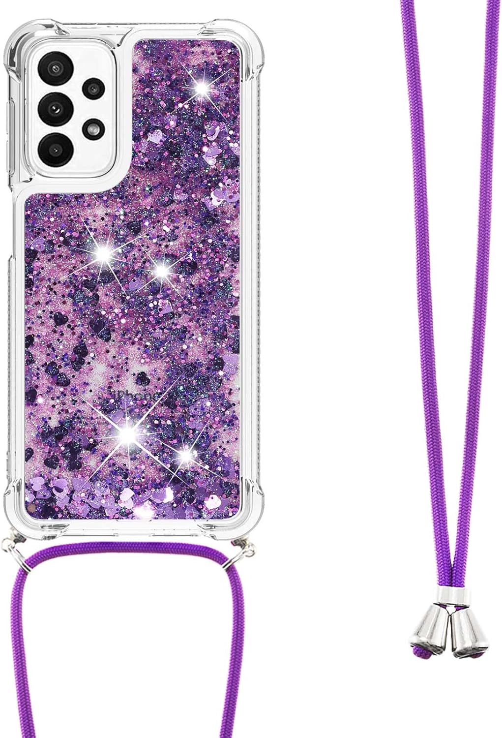 Asuwish Funda de teléfono para Samsung Galaxy A23 5G4G con protector de pantalla y correa cruzada, purpurina líquida brillante, transparente,