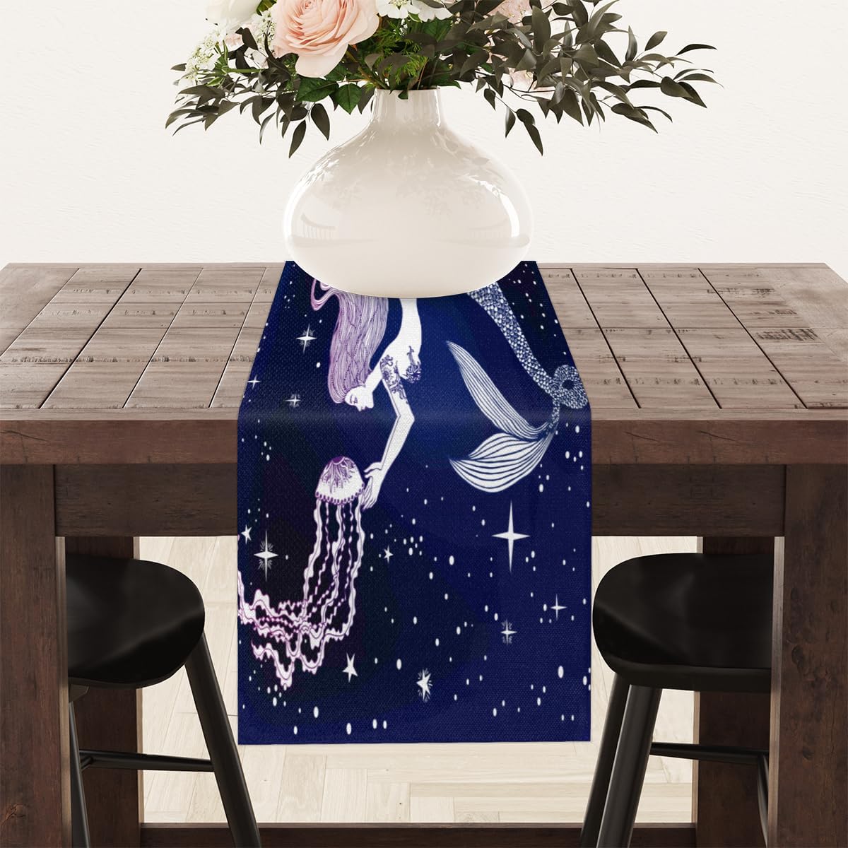 Camino de mesa vintage con patrón de sirena, mantel de lino rústico para cocina de granja, cena, eventos, fiesta, decoración de mesa de vacaciones,