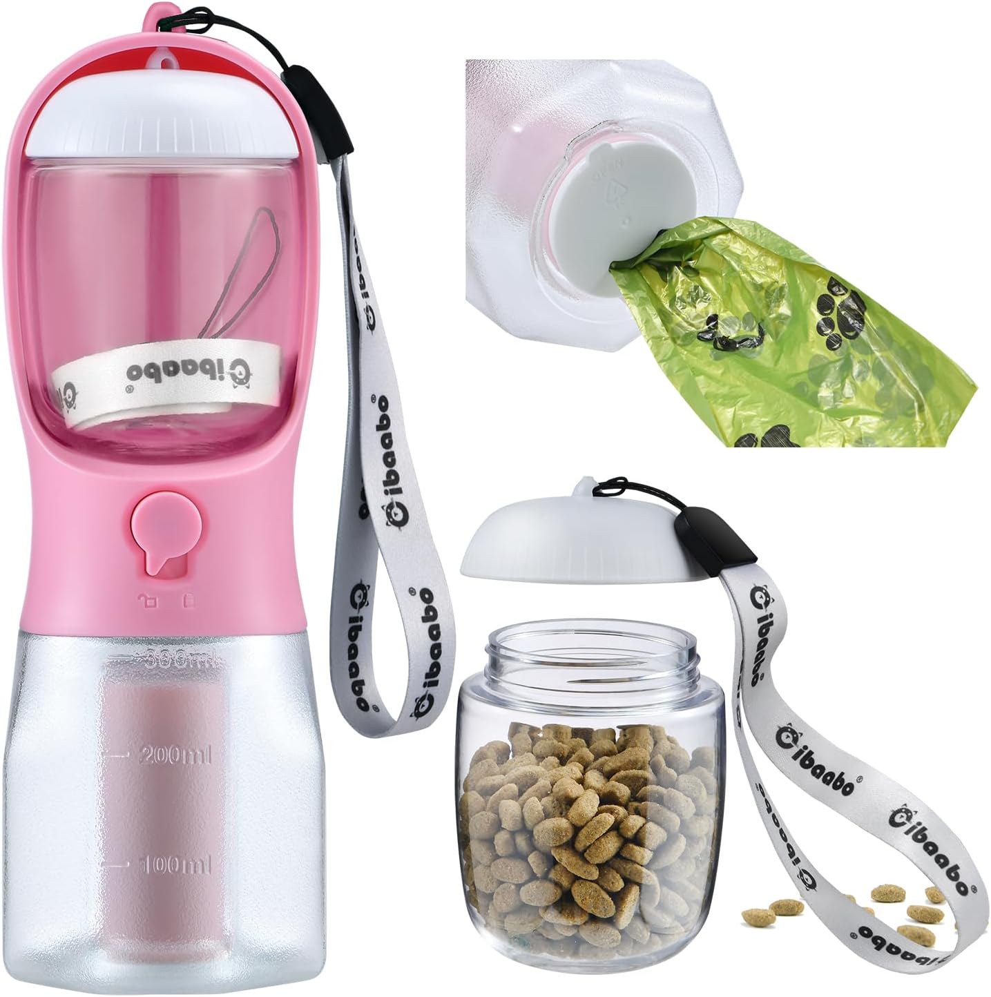 Botella de agua para perros con contenedor de alimentos y soporte para bolsa de excrementos, cuenco de agua de viaje, dispensador portátil para