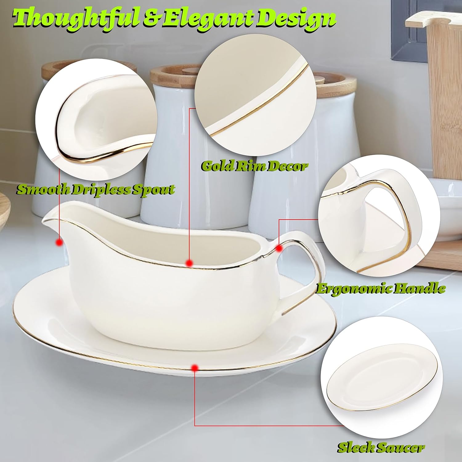 Bote de salsa de cerámica blanca de 17 onzas con bandeja, jarra de platillo de porcelana con decoración de borde dorado para Acción de Gracias,