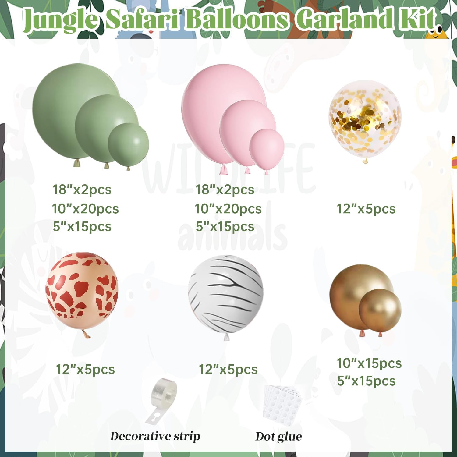 Kit de guirnalda de globos de safari en la selva, jirafa, cebra, estampado a rayas, verde salvia, rosa, globos y globos de confeti dorado metálico