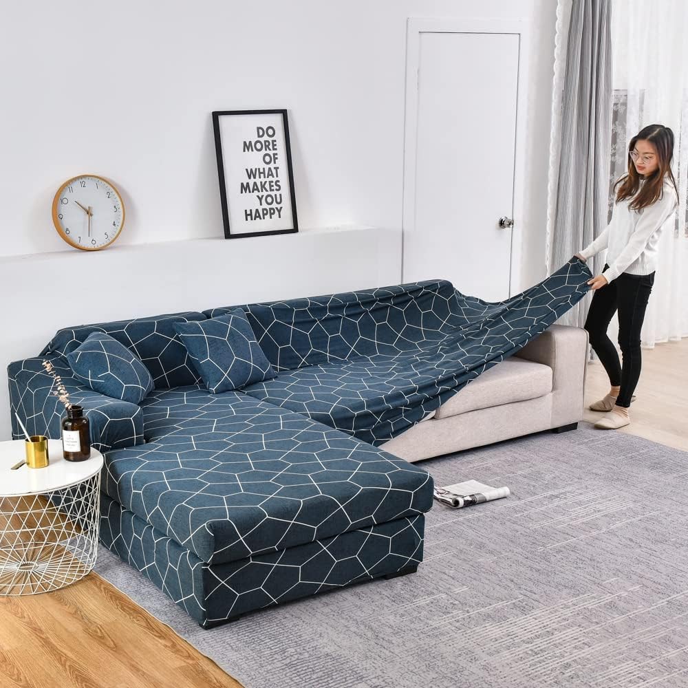 LiveGo Funda de sofá en forma de L, 2 piezas, elástica y elástica de 3 plazas, protector de muebles con 4 fundas de almohada para sala de estar,