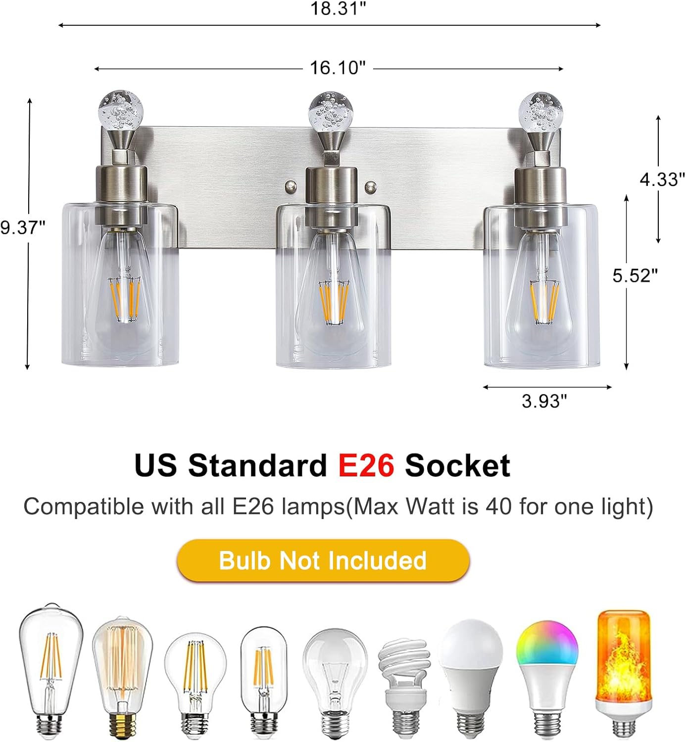 Lámparas de baño de 3 luces, lámpara de tocador de baño de níquel cepillado, accesorios de iluminación de tocador con pantalla de vidrio resistente,