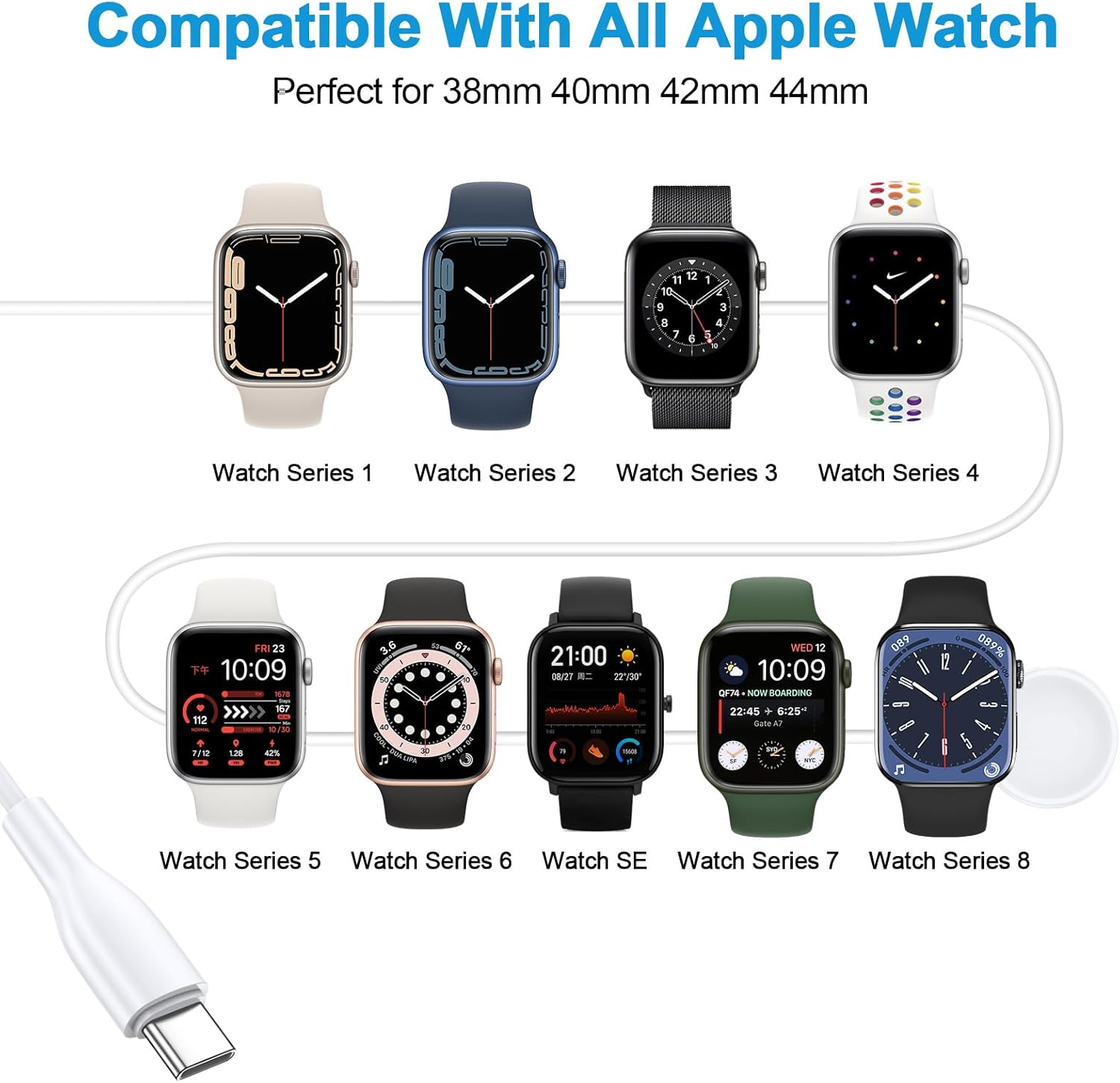 Cable de carga rápida compatible con Apple Watch, cargador USB C, almohadilla de carga magnética para Apple iWatch Ultra Series 8SE2SE7654321 con