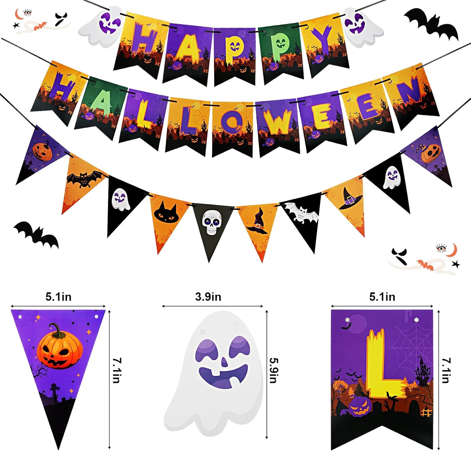 Happy HALLOWEEN – Pancarta de porche delantero, coloridos pancartas de cola de pez y triángulo de Halloween con calavera, murciélago y calabaza,
