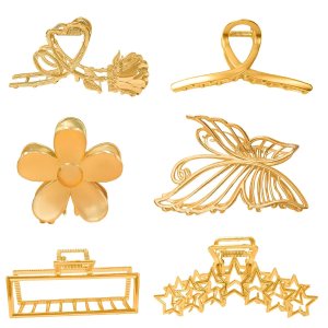 MHDGG Paquete de 6 pinzas de metal grandes para el cabello para mujer, diseño de mariposa, flor, estrella, rectangular, antideslizantes, pinzas MHDGG Paquete de 6 pinzas de metal grandes para el cabello para mujer, diseño de mariposa, flor, estrella, rectangular, antideslizantes, pinzas