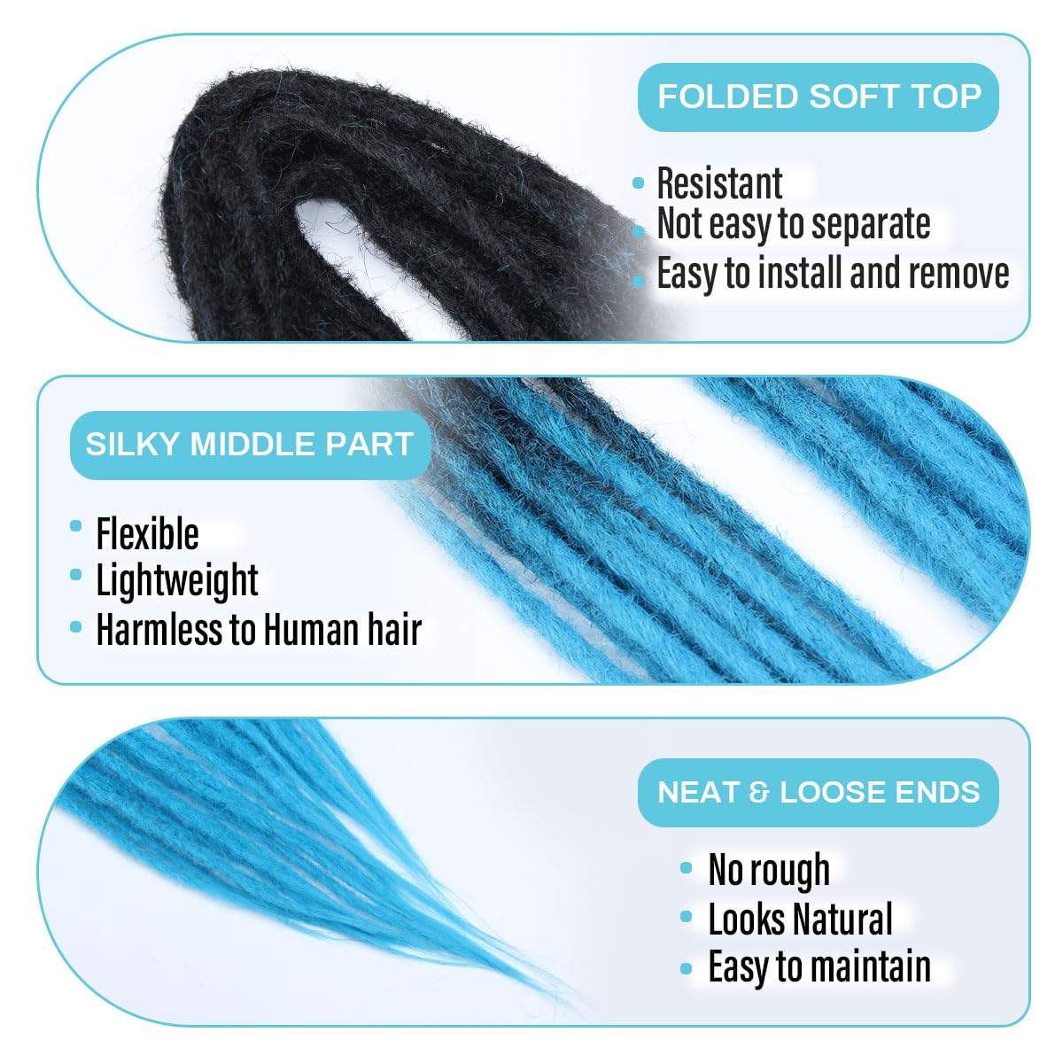 Extensiones de rastas sintéticas de doble punta de 24 pulgadas, 0.2 in, finas, suaves, falsas, 15 unidades, extensiones de rastas color azul