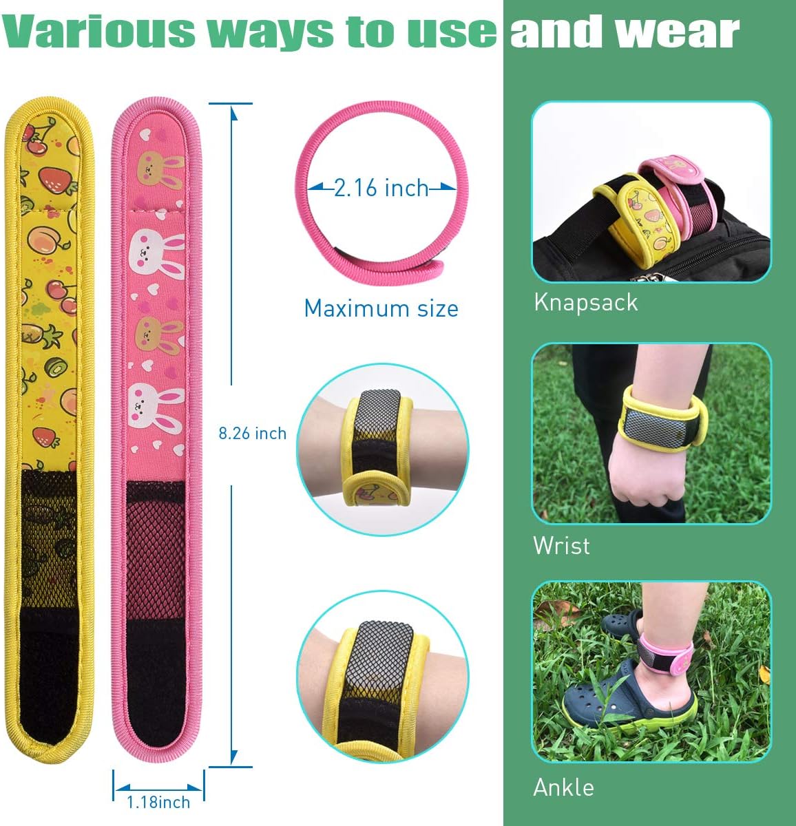 Paquete de 2 pulseras de mosquitos con 4 repuestos de aceites esenciales, pulseras impermeables para niños y adultos, cierre natural sin Deet,