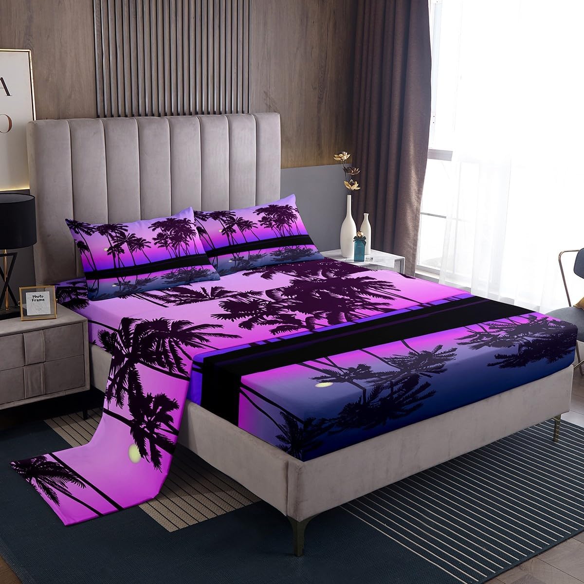 Juego de sábanas tropicales de palmera, tamaño King, juego de ropa de cama para niños, niñas, niños y adultos, decoración romántica de acuarela