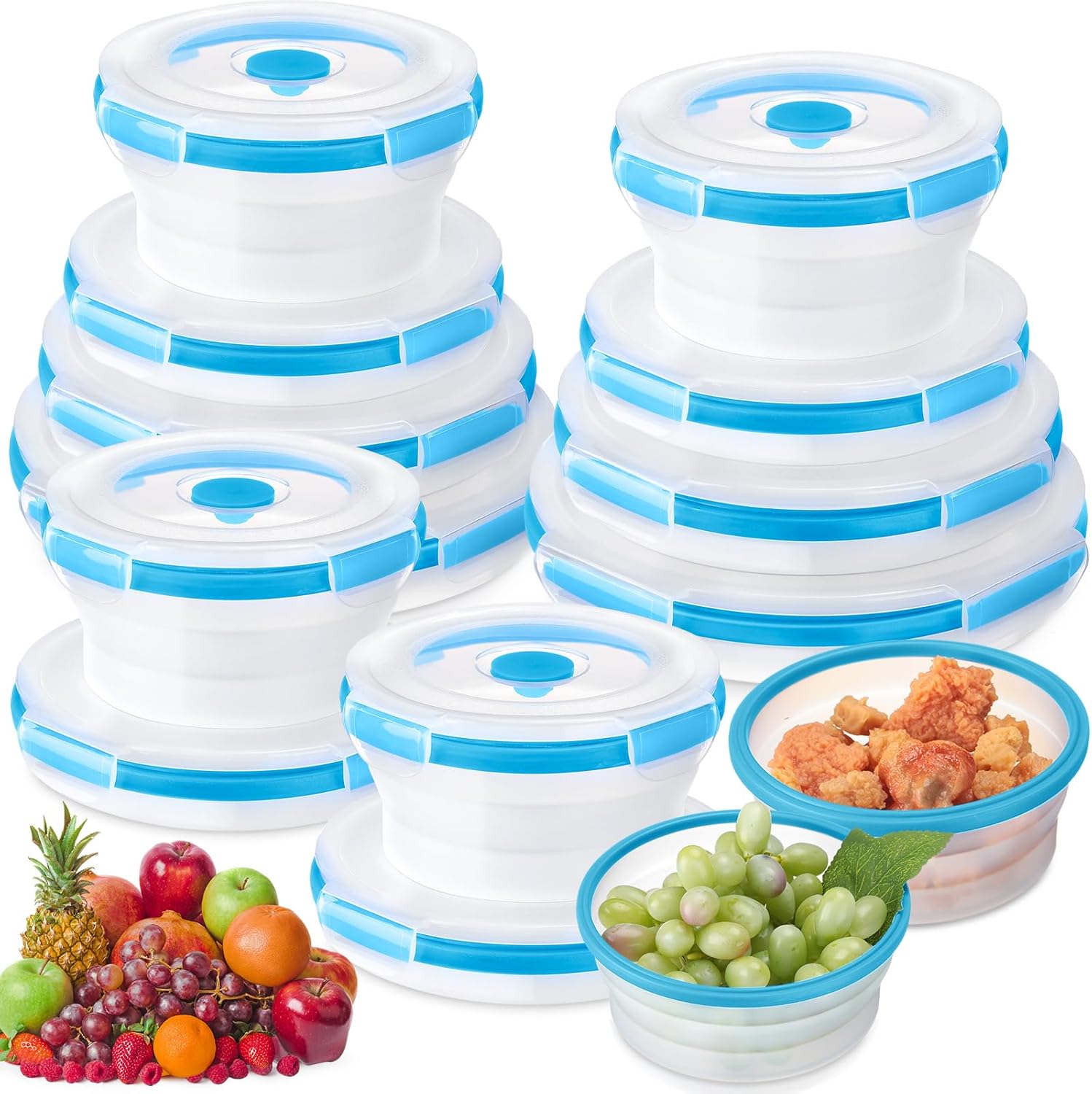 Juego de 12 recipientes plegables de silicona para almacenamiento de alimentos, contenedor plegable de silicona redondo para almacenamiento de