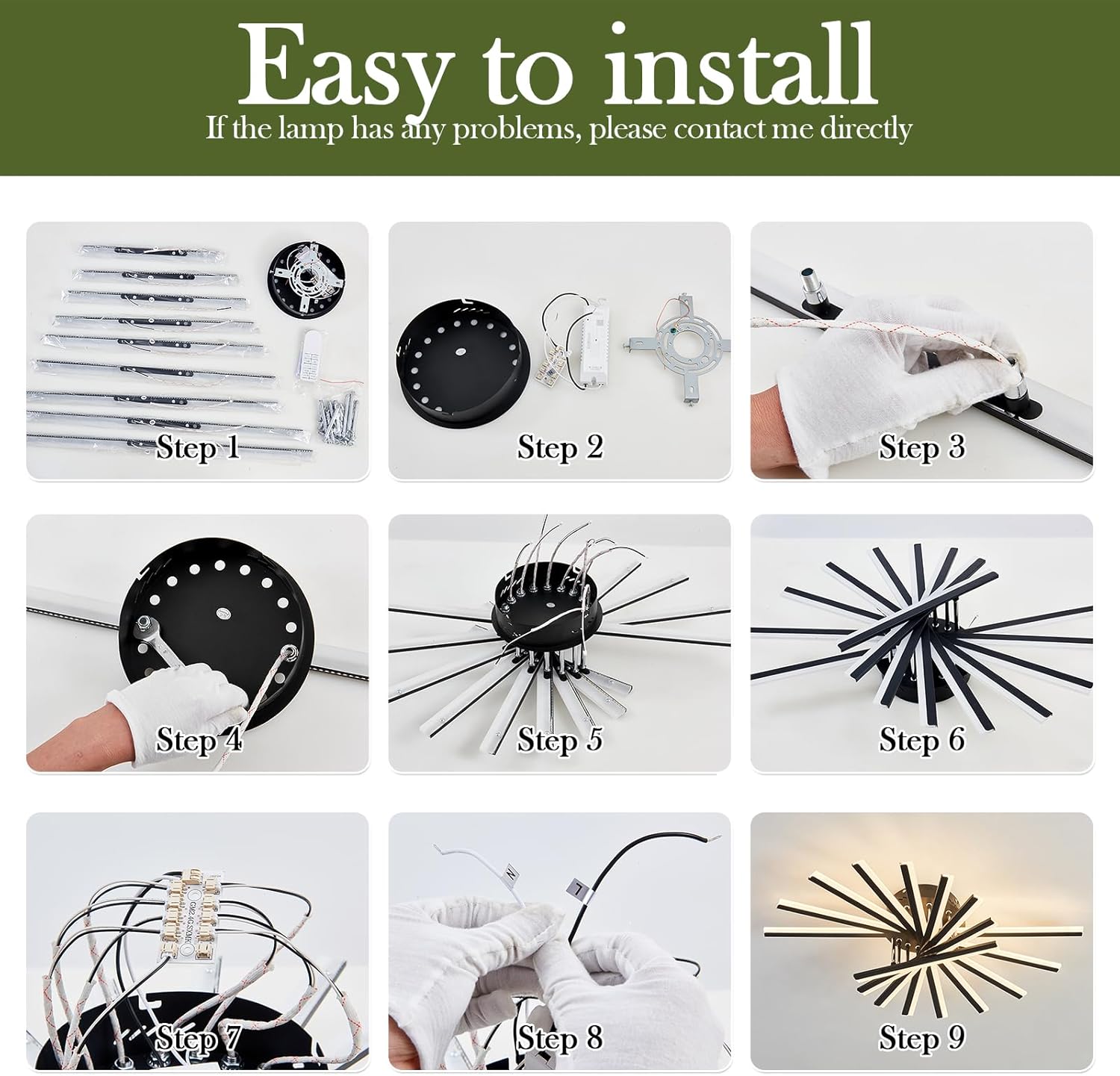9 Lights Modern LED Sputnik Ceiling Light Fixture with Remote Control 80W Dimmable Black Flush Mount Chandelier 29.92in Acrylic Ceiling Light for