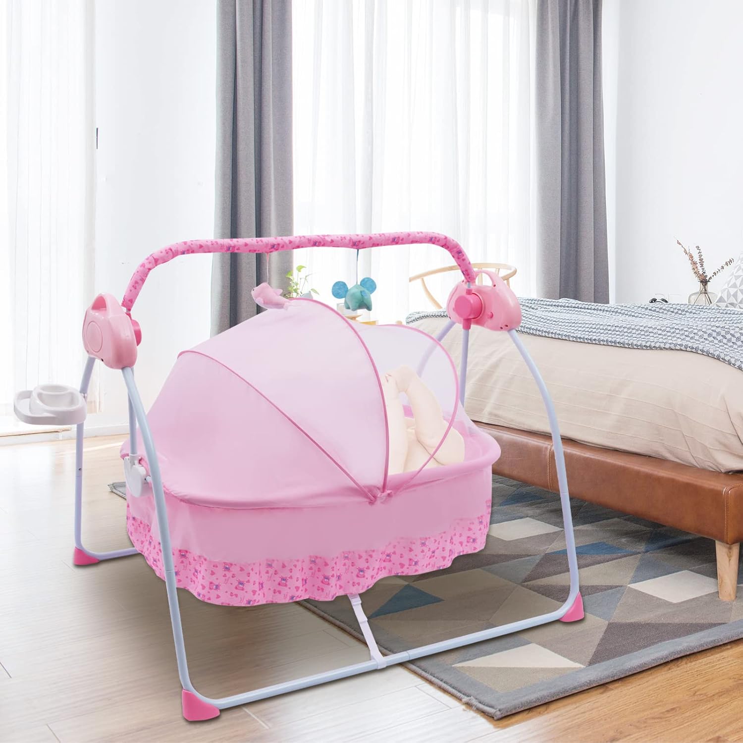 TFCFL Cuna eléctrica para bebé, de 0 a 18 meses, columpio automático con control remoto y música, capacidad de 55.1 lbs55 libras, cuna plegable,