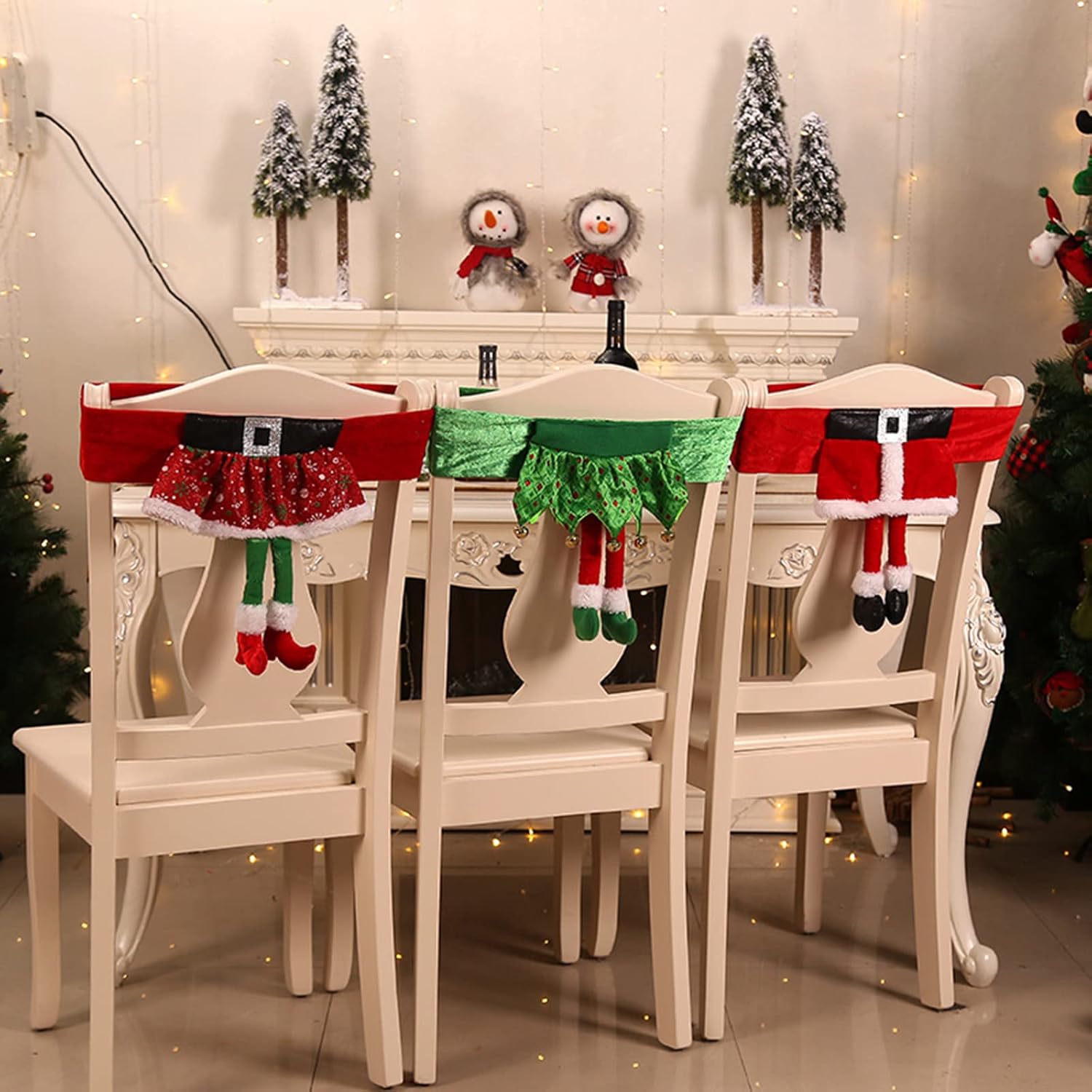 WYSRJ 4 piezas de cubierta trasera de silla de Navidad Santa Claus elfo fundas fundas de mesa de comedor de Navidad para el hogar, suministros de