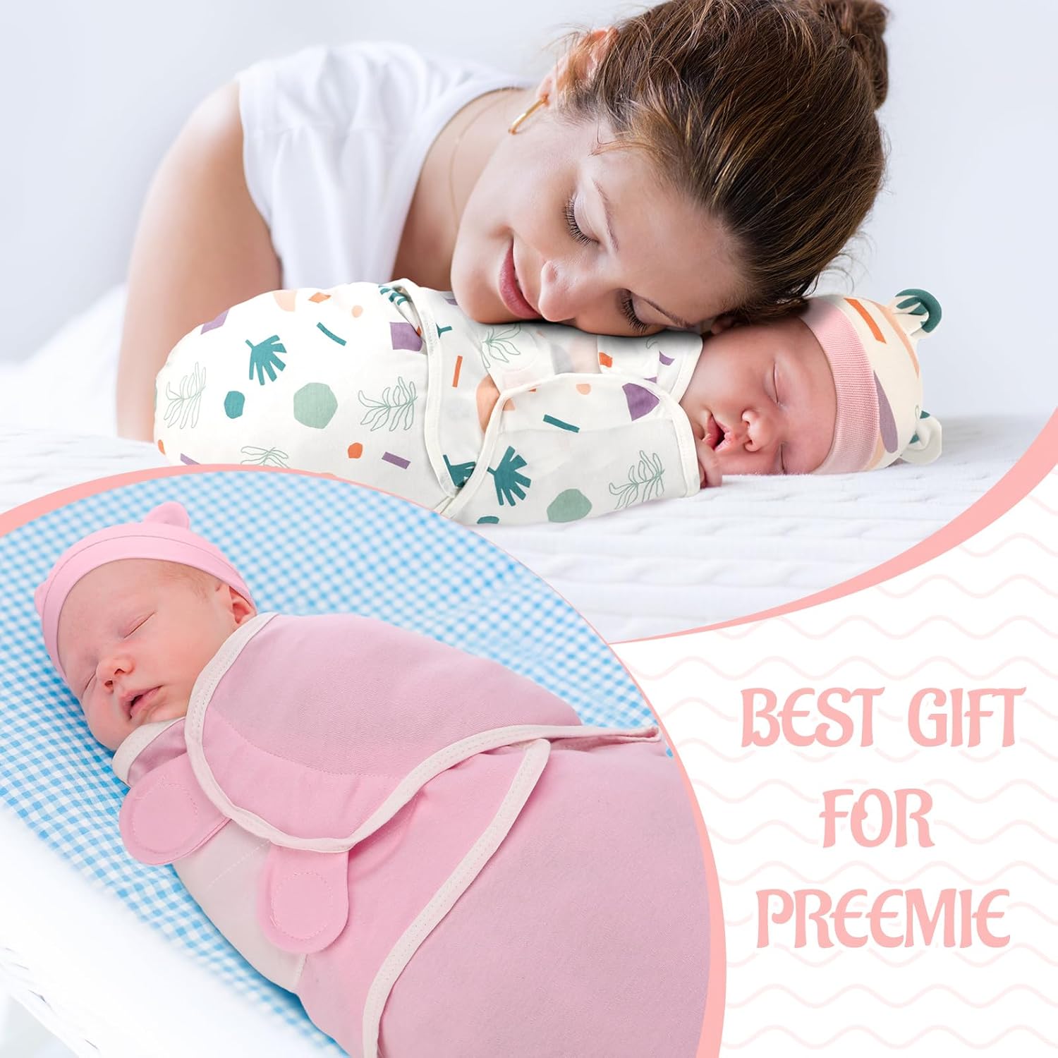 Buryeah Paquete de 4 mantas para bebé prematuro con gorro para bebés niños y niñas de 3 a 7 libras, ropa para recién nacidos, gorro para dormir,