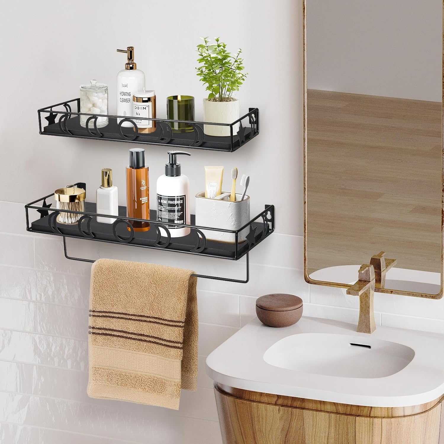 Y&ME YM Moon Phase – Estantes flotantes para baño, organizador de pared para baño, estantes de baño montados en la pared con toallero negro,