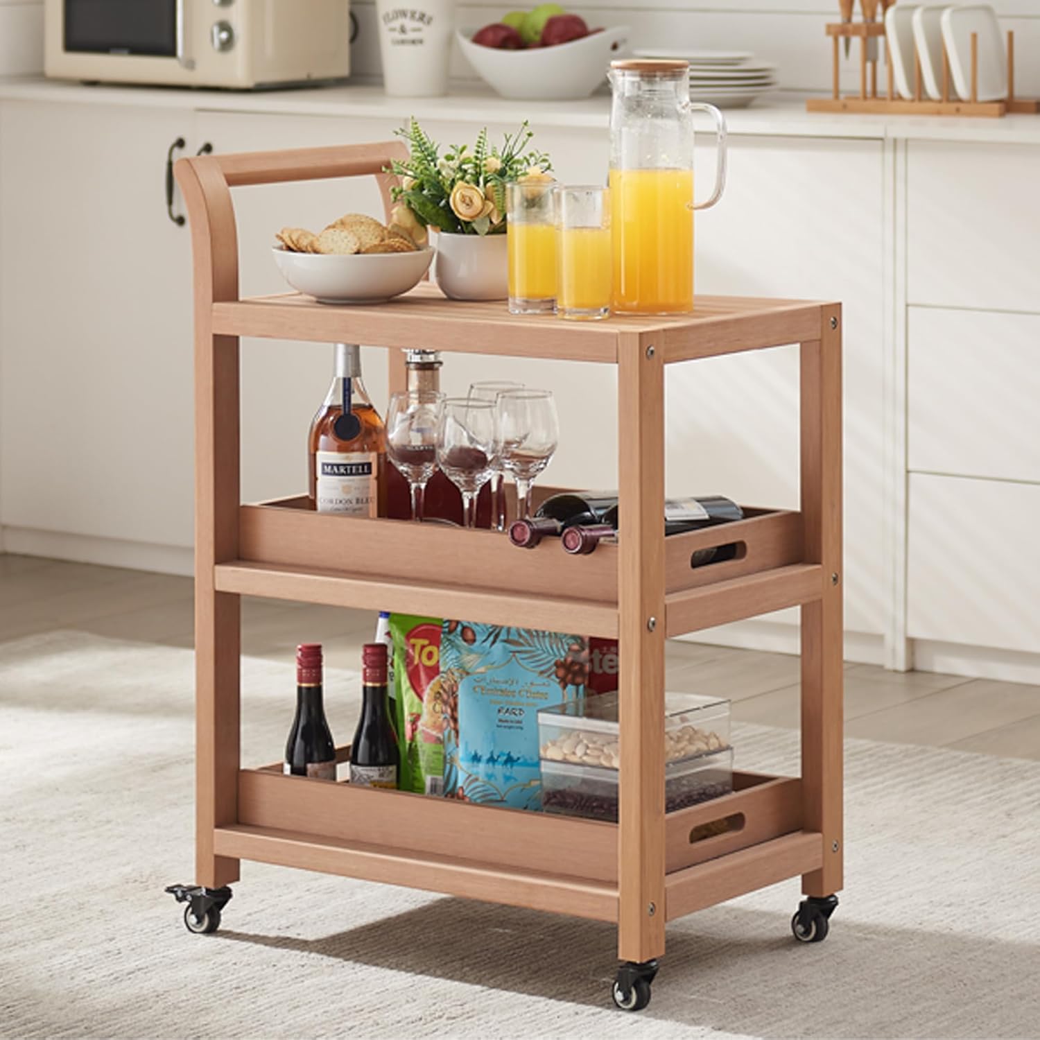 Psilvam Carrito de cocina, carrito de barra impermeable de madera de polietileno con ruedas, bandejas reemplazables de tres capas con ruedas,