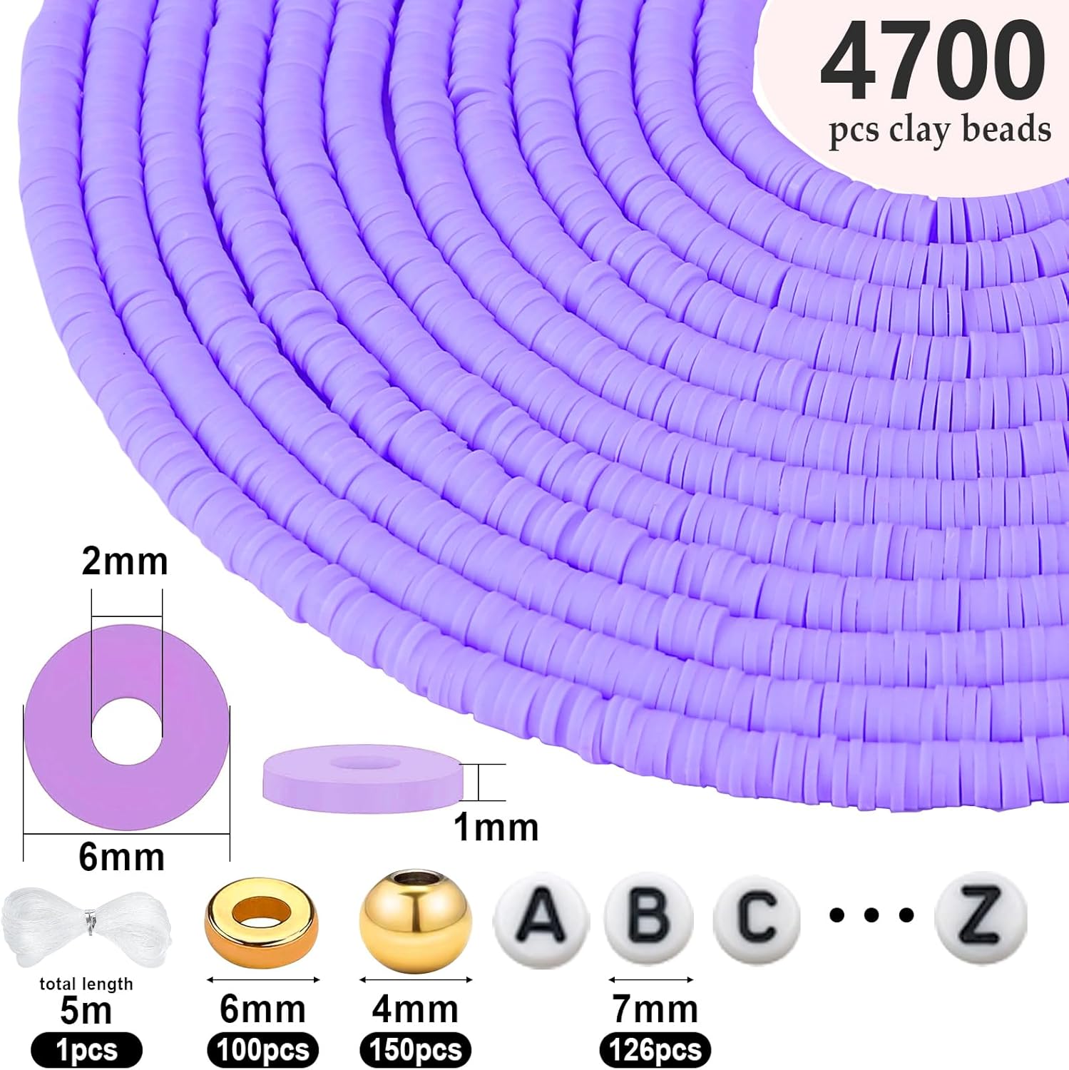 Gushu Kit de 5000 cuentas de arcilla morada, cuentas Heishi planas redondas de arcilla polimérica de 0.236 pulgadas con cuentas doradas, cuentas de