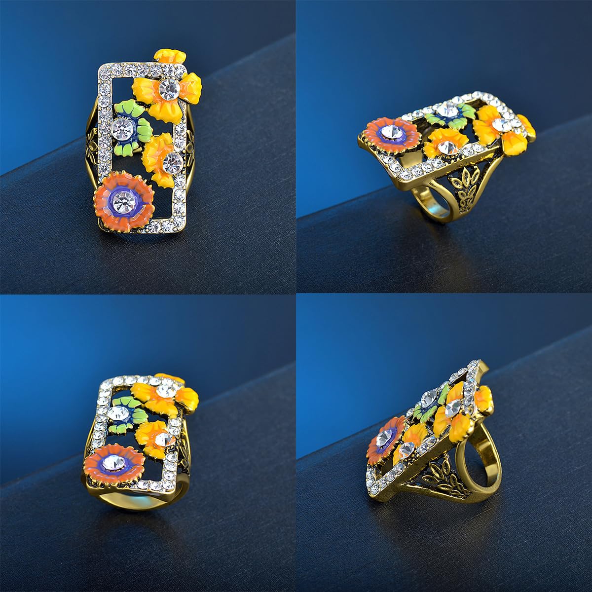 Unique Big Rectangle Resin Enamel Flower Wide Funky Ring,Handmade Floral Full Finger Chunky Long Ring,Yellow Gold Plated Large Square Cocktail Party