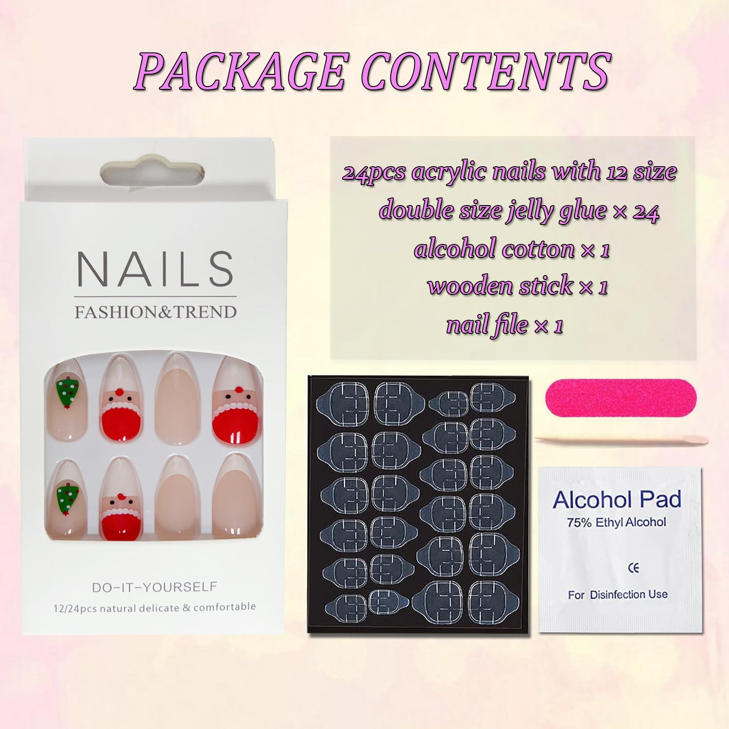 Uñas postizas medianas a presión con forma de almendra, lindas uñas postizas con pegamento de Papá Noel, copos de nieve, punta francesa, uñas