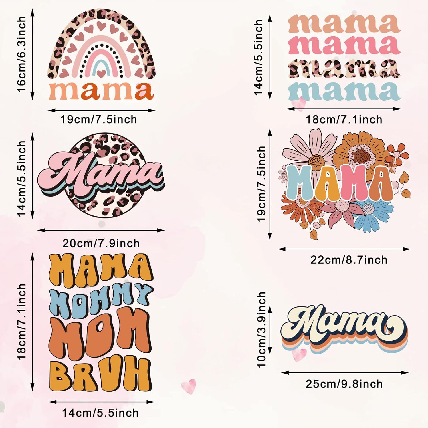 Whaline 6 hojas de parches para planchar con texto en inglés “Mama Boho, para planchar con estampado de arcoíris, flores, leopardo, mamá”, vinilo