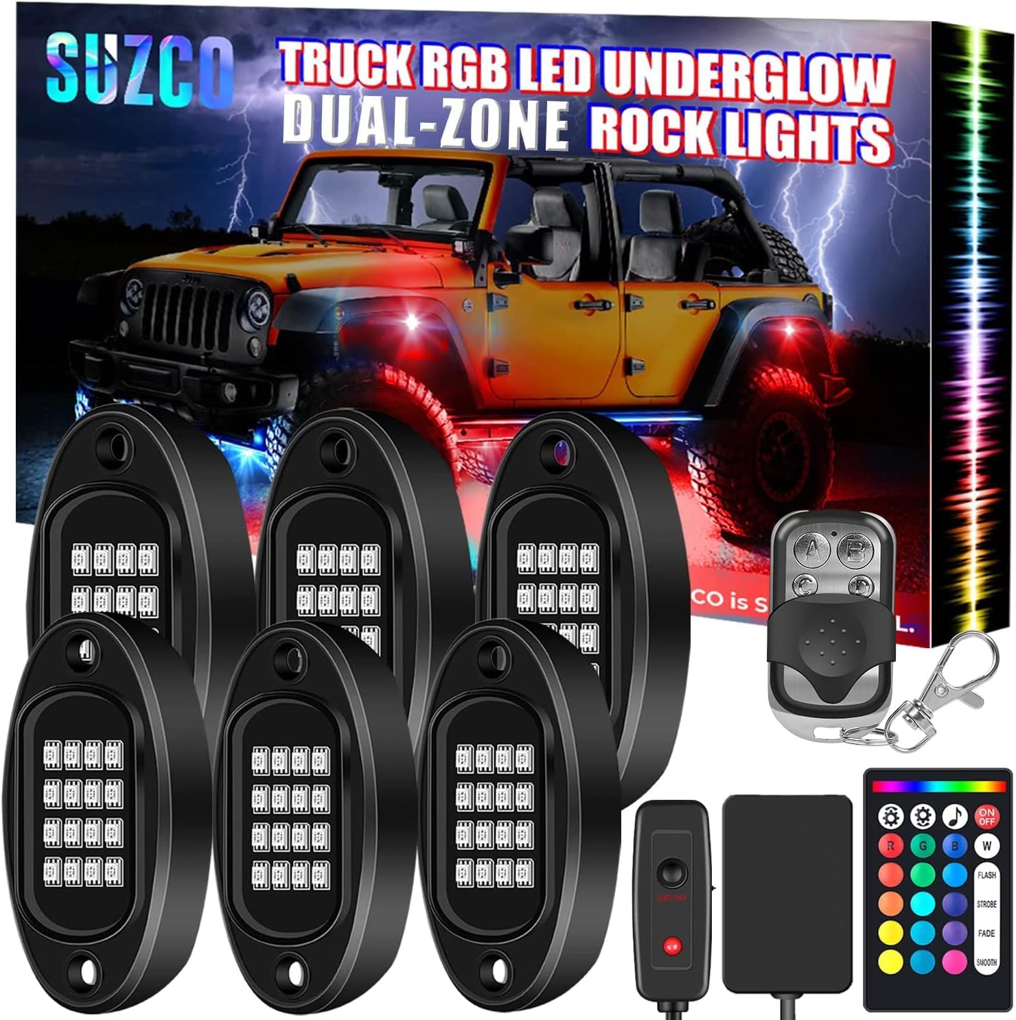 SUZCO Paquete de 6 luces LED RGB de neón suberglow para camiones, kit de luces de roca, doble zona + 96 LEDs + Línea 2 en 1 Sincronización de música