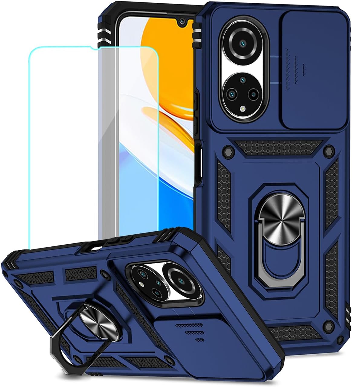 Funda para Honor X7, CMA-LX2 CMA-LX1 con protector de pantalla de vidrio templado y cubierta de cámara deslizante, soporte de anillo giratorio de