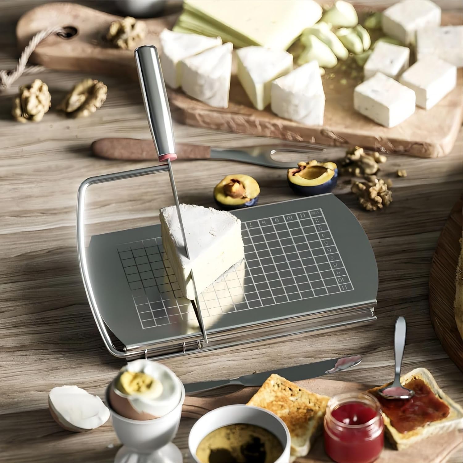 ISZW Cortador de queso multiusos, tablero cortador de queso de acero inoxidable con hoja para bloque de queso, rebanar sin esfuerzo, jamón de