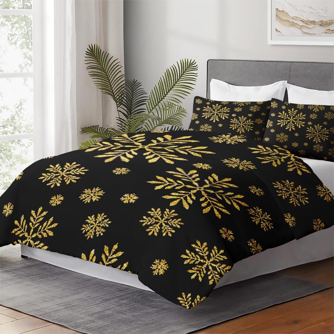 Juego de funda de edredón, diseño de copos de nieve dorados para niños y adultos, decoración de dormitorio, juego de funda de edredón de Navidad con