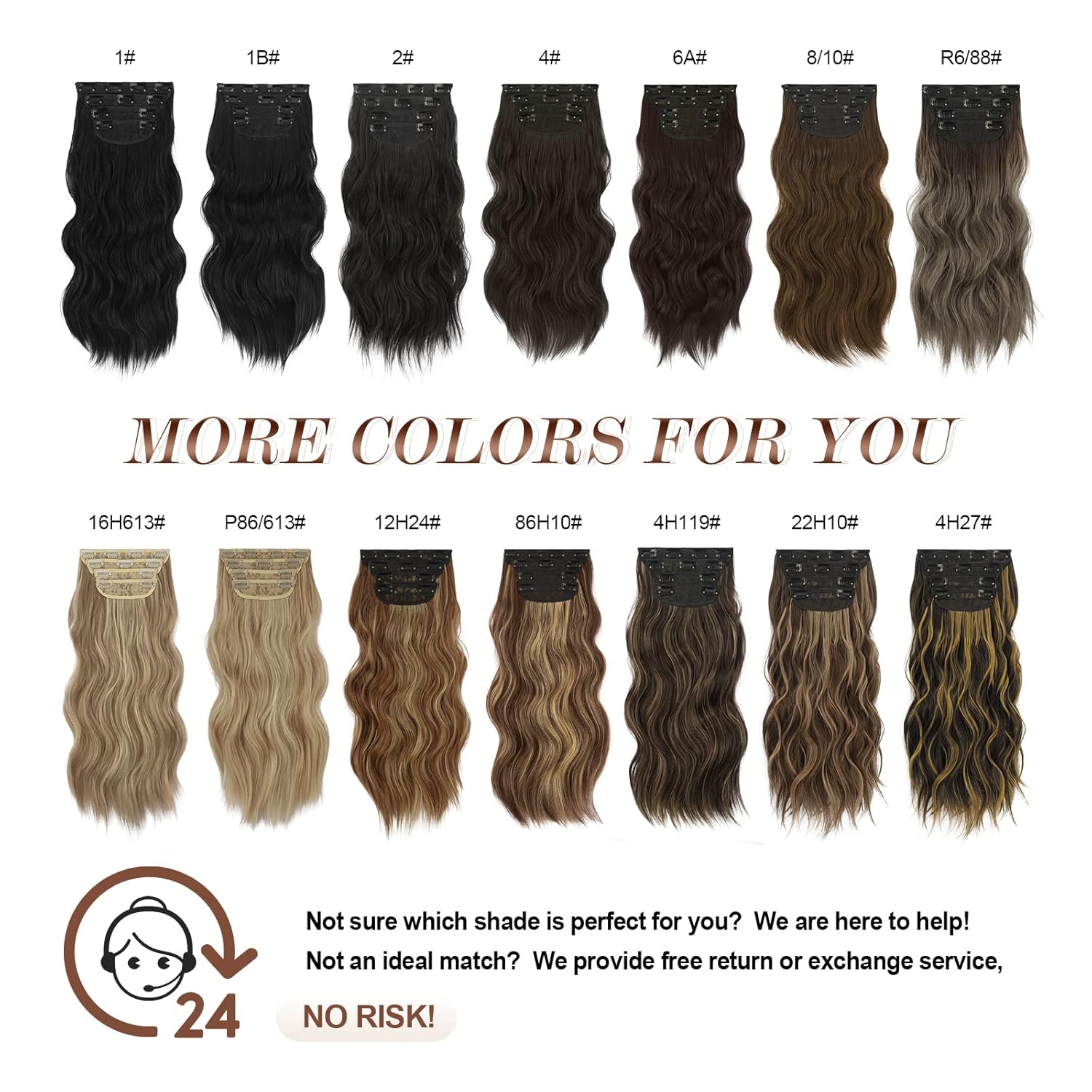 FESHFEN 4 extensiones de cabello con clip, extensiones de cabello sintético largo ondulado con clip, extensiones de cabello sintético de cabeza