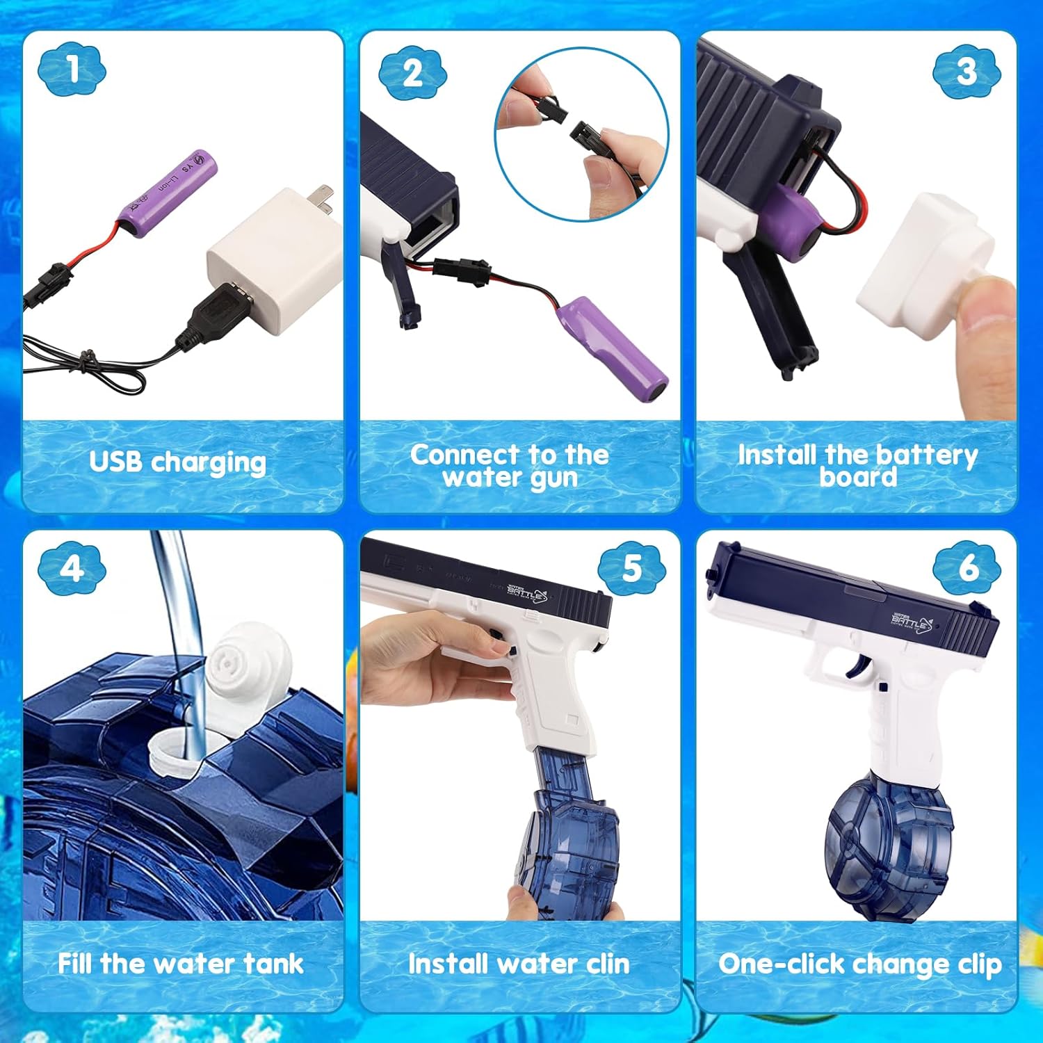EYKOOW Pistola de agua eléctrica, pistolas de chorro automáticas recargables de 450 CC + 60 CC con 2 tanques de agua, 2 baterías, pulverización de