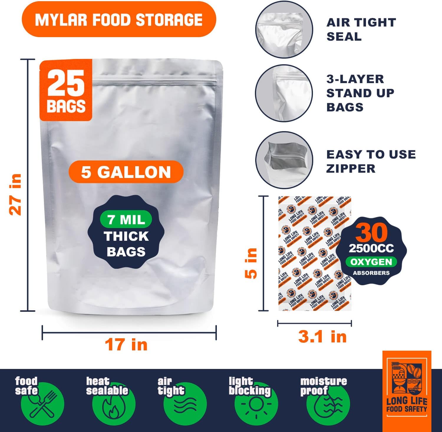Absorbentes de oxígeno de 3000 cc (20 paquetes, sellados individualmente al vacío) y paquete de 5 galones (25 bolsas) bolsas de Mylar para