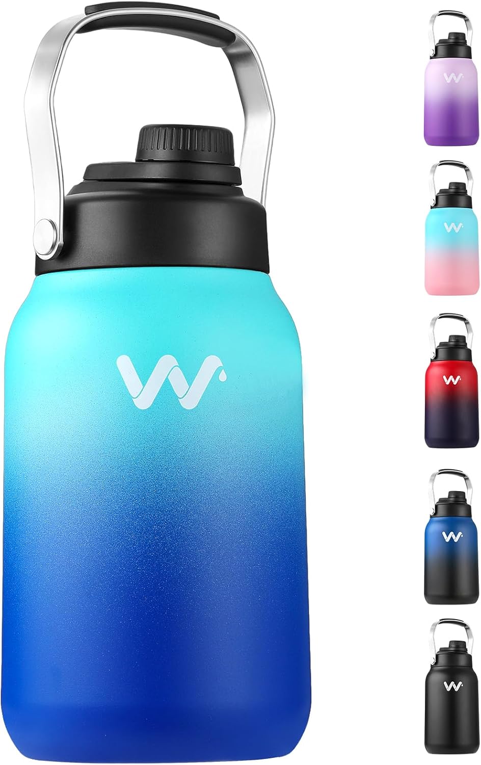 WEREWOLVES Botella de agua aislada con asa, botella de agua de medio galón de 64 onzas de acero inoxidable a prueba de fugas, boca ancha, botella de