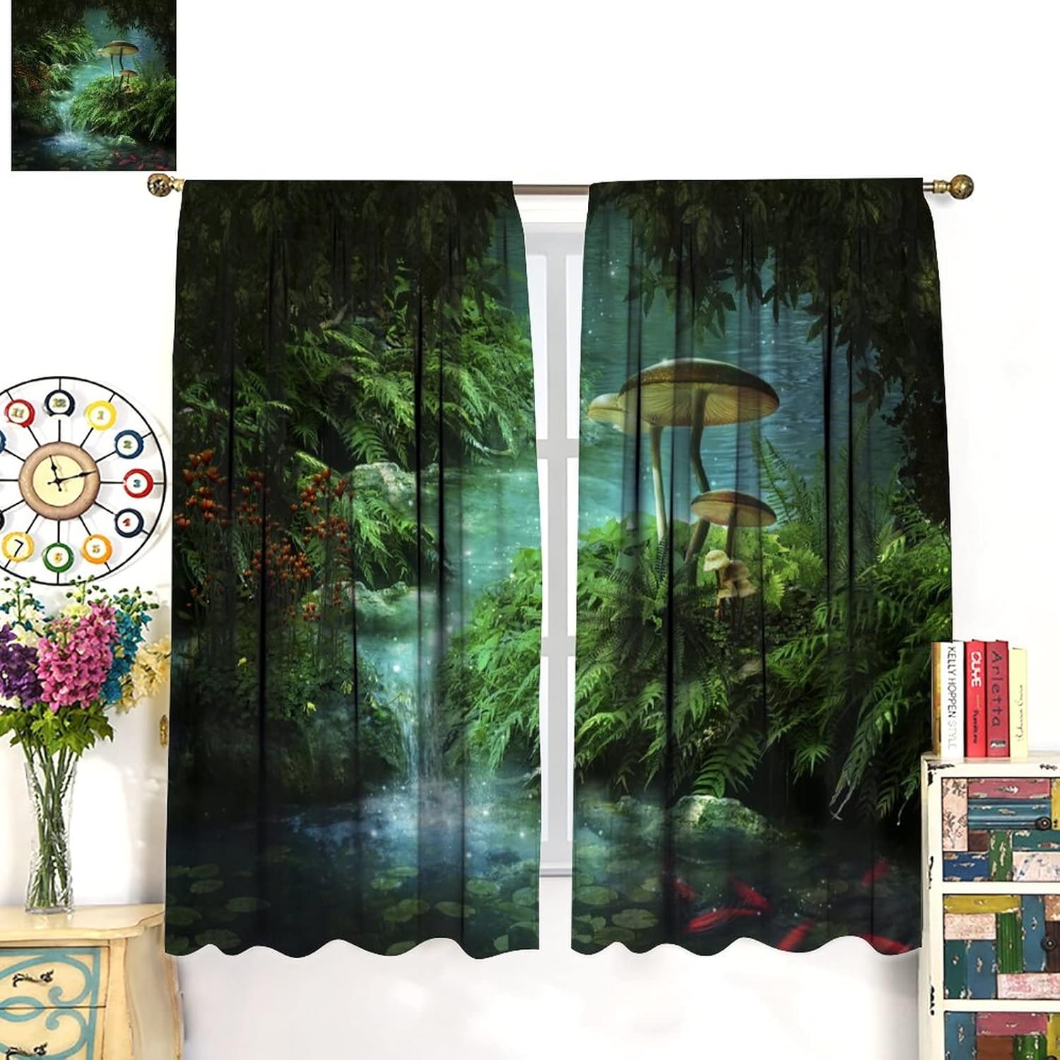 Cortinas de selva de ensueño, cuento de hadas verdes, bosque, estanque, helecho, planta de helecho, pez dorado rojo y hongo, adecuadas para sala de