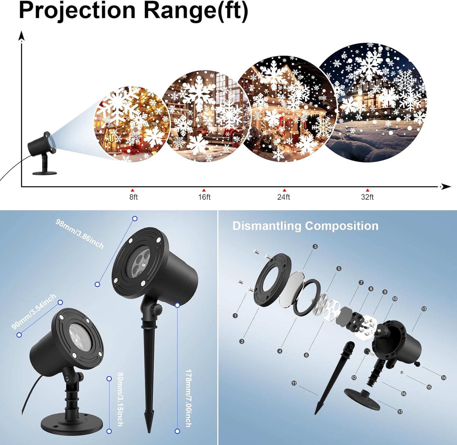 Proyector de nieve de Navidad, IP65 impermeable para exteriores, proyector LED de copo de nieve para exteriores, lámpara de proyección giratoria de