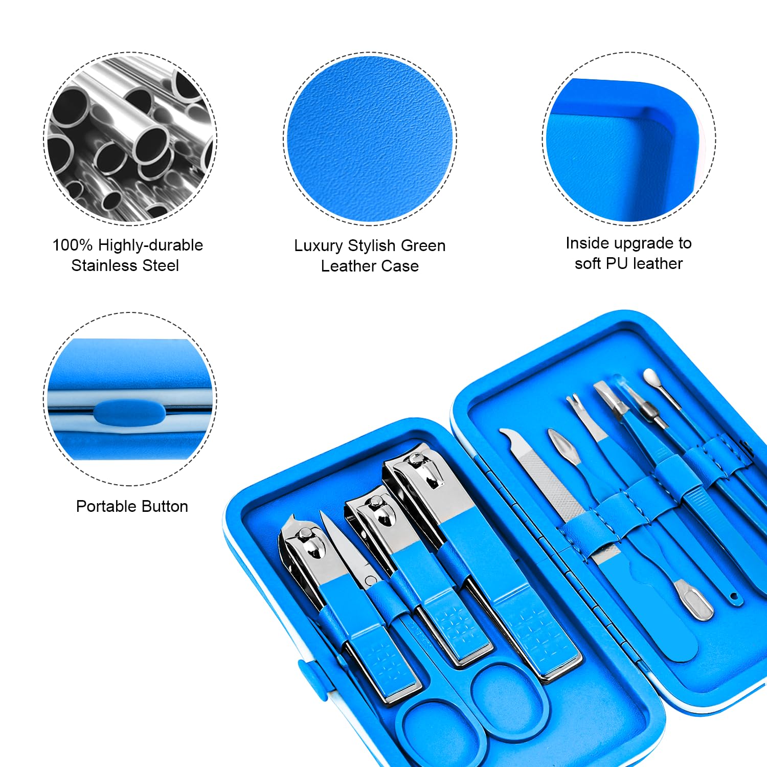 Juego de manicura, mini cortaúñas de viaje, kit de herramientas de cuidado de pedicura, 10 piezas de acero inoxidable (azul)