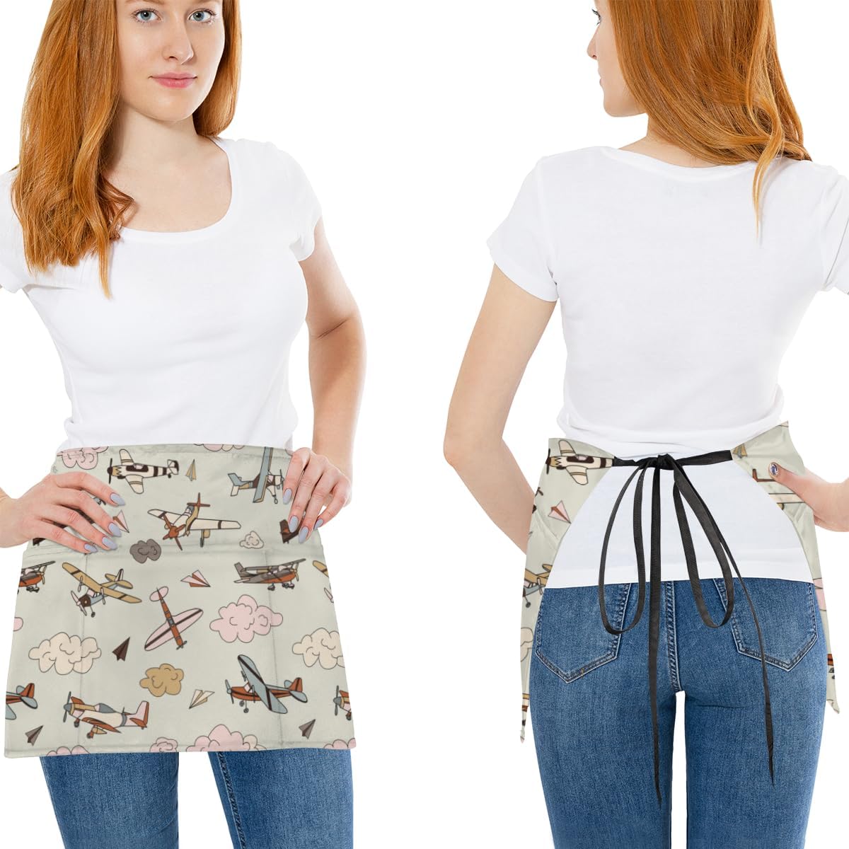 bisibuy 3 Pocket Waist Apron, Pack of 3, Retro Aircraft Cute Server Short Apron for Men Women, Kitchen, Restaurant, Cafe Delantales De Mesera Para
