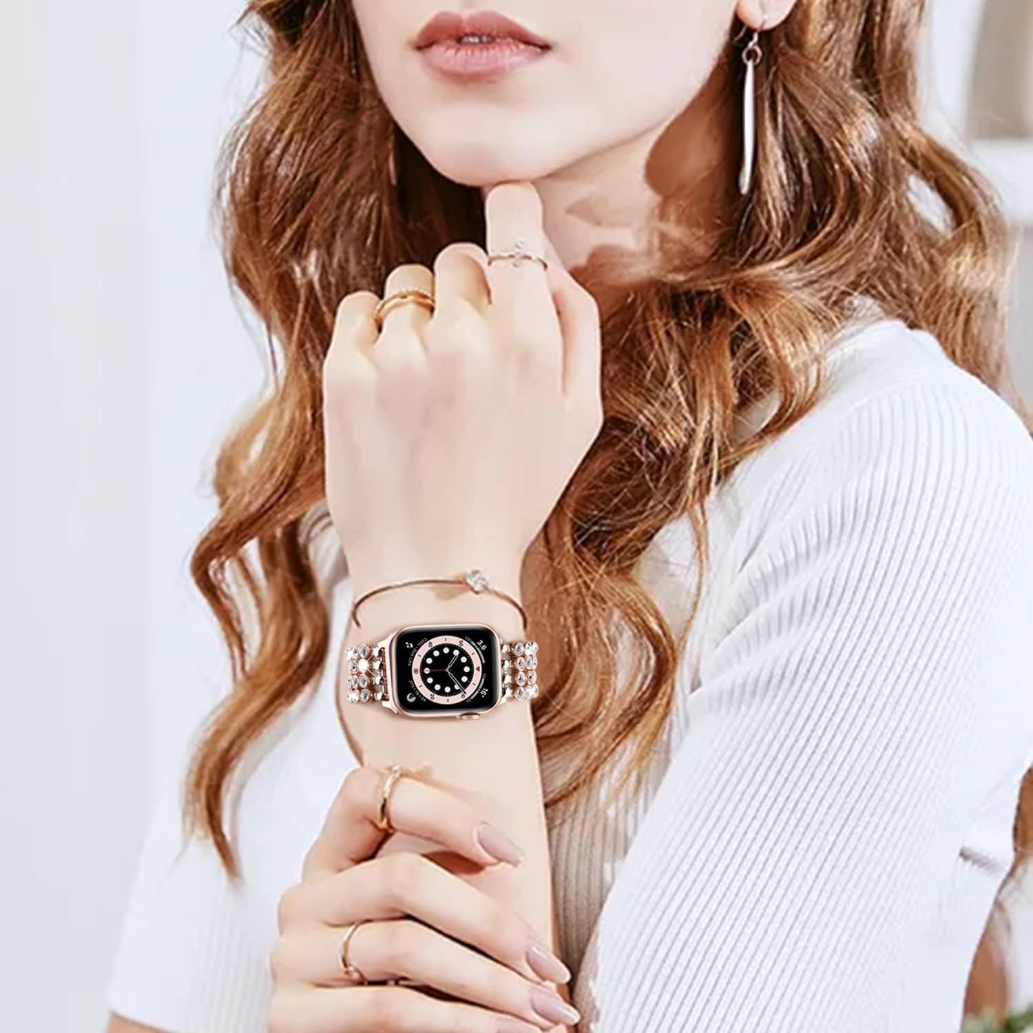 VISOOM Pulsera brillante compatible con Apple Watch Series 8 de oro rosa de 1.575 pulgadas, 1.496 pulgadas, 1.614 pulgadas, Series SE76, correa