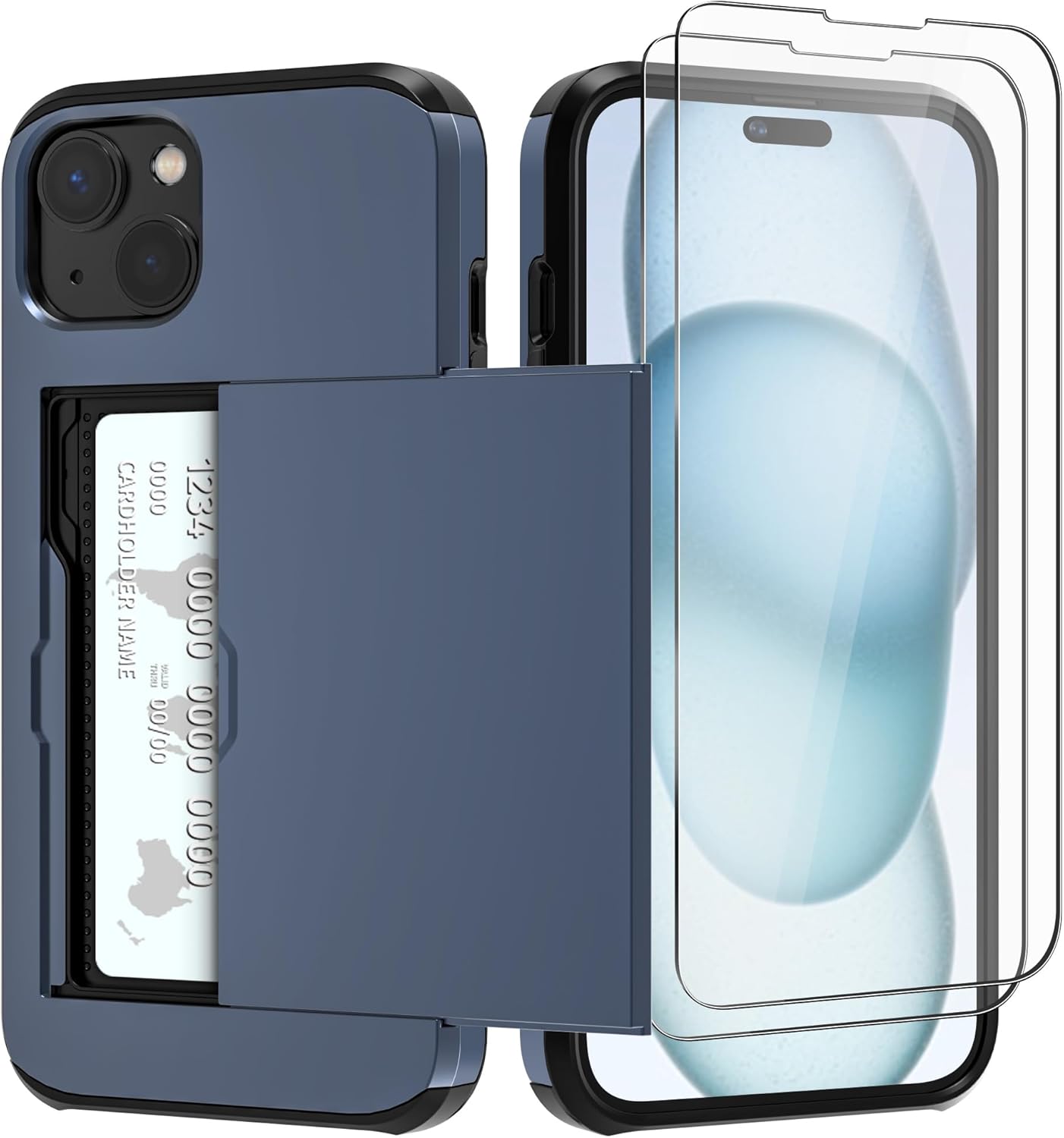 Funda protectora resistente compatible con iPhone 15 con tarjetero (2 unidades), protector de pantalla a prueba de golpes, cartera oculta para