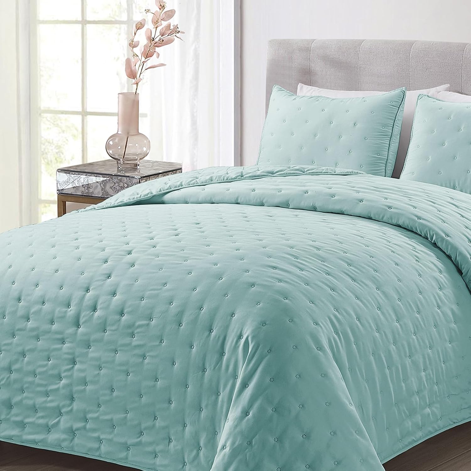 Mocaletto Juego de edredones reversibles tamaño King, edredón azul de 3 piezas con fundas de almohada, colcha de microfibra con patrón de puntos,