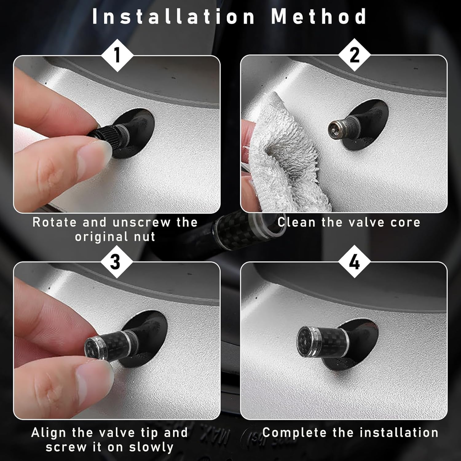 Ziciner 4 tapas de vástago de válvula de neumático, tornillos de fibra de carbono para tapas de neumáticos, accesorios universales para exteriores
