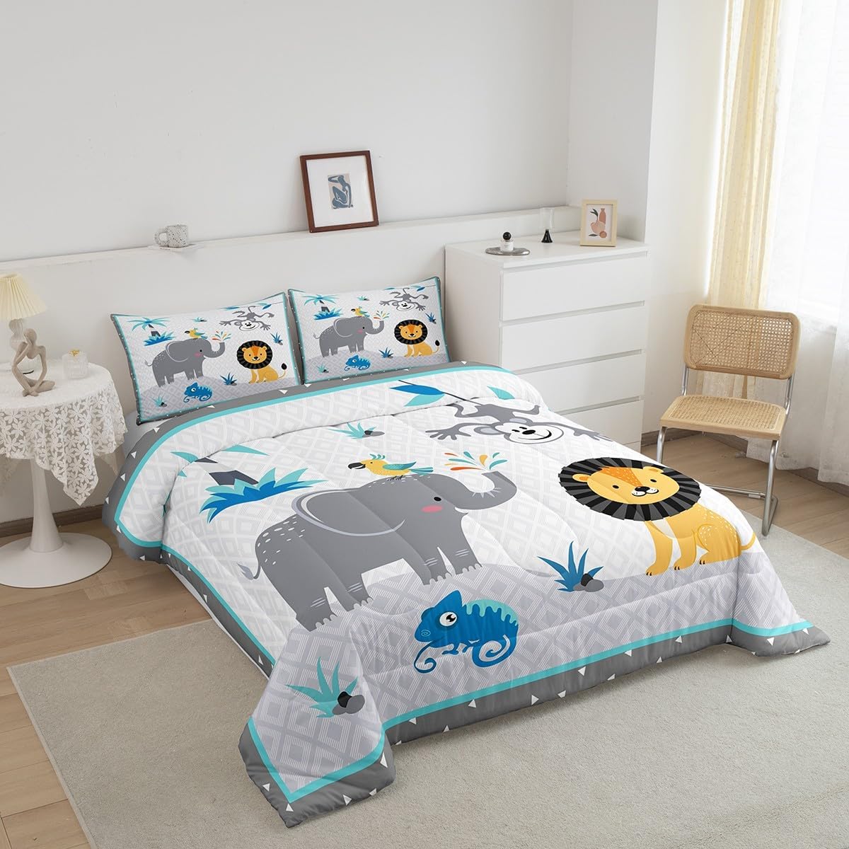 Wild Animals Comforter Set,Lion and Monkey Bedding Set for Kids Girls Women,Adults Elephant Comforter,Geometric Stitching Quilted Duvet Set Bedroom