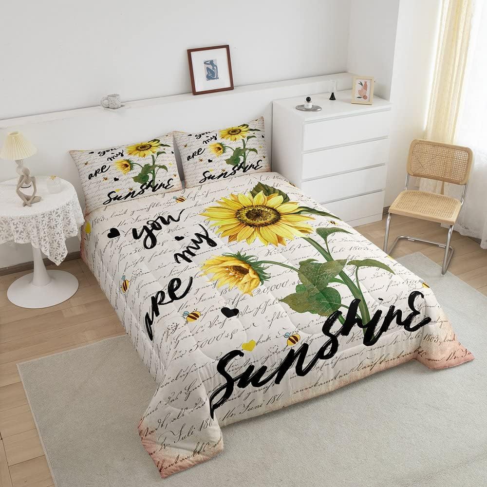 Castle Fairy Juego de edredón de girasol, tamaño Queen, ropa de cama rústica de abeja de granja de 3 piezas para niños, adolescentes y adultos,