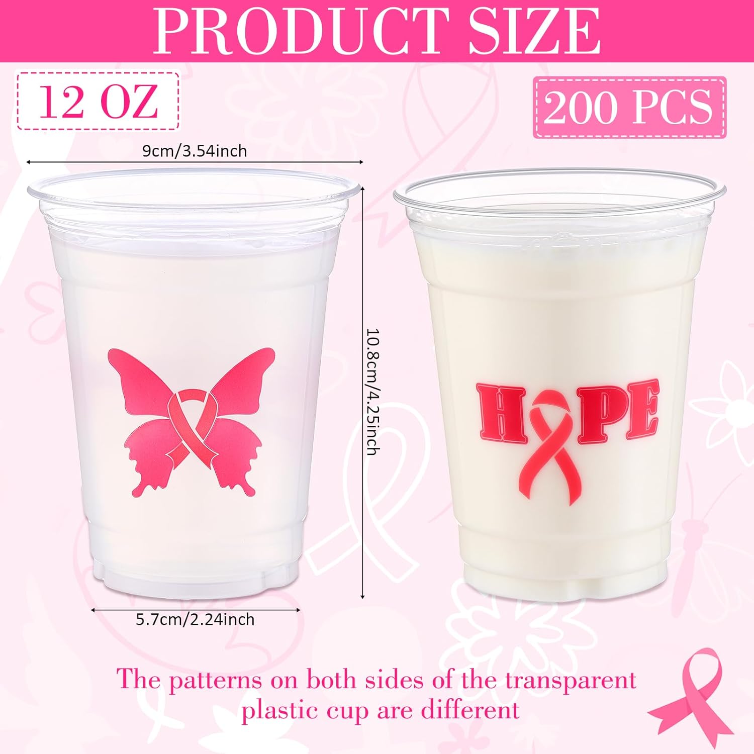 200 vasos de plástico para concientización del cáncer de mama, vasos desechables a granel, vasos de plástico transparente de cinta rosa, vasos de