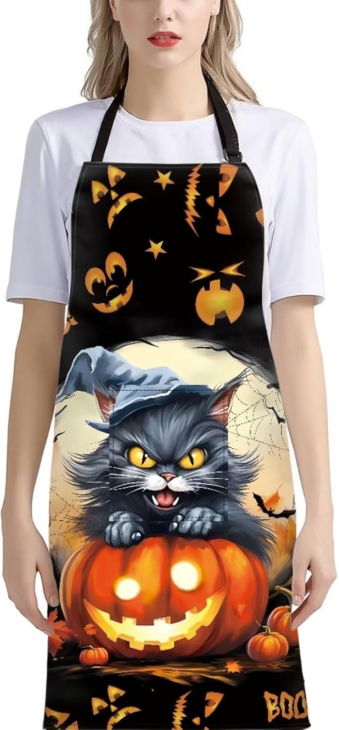Delantal ajustable con patrón de girasoles de amor, resistente al agua, con 1 bolsillos, Gatos negros y calabazas de Halloween 1