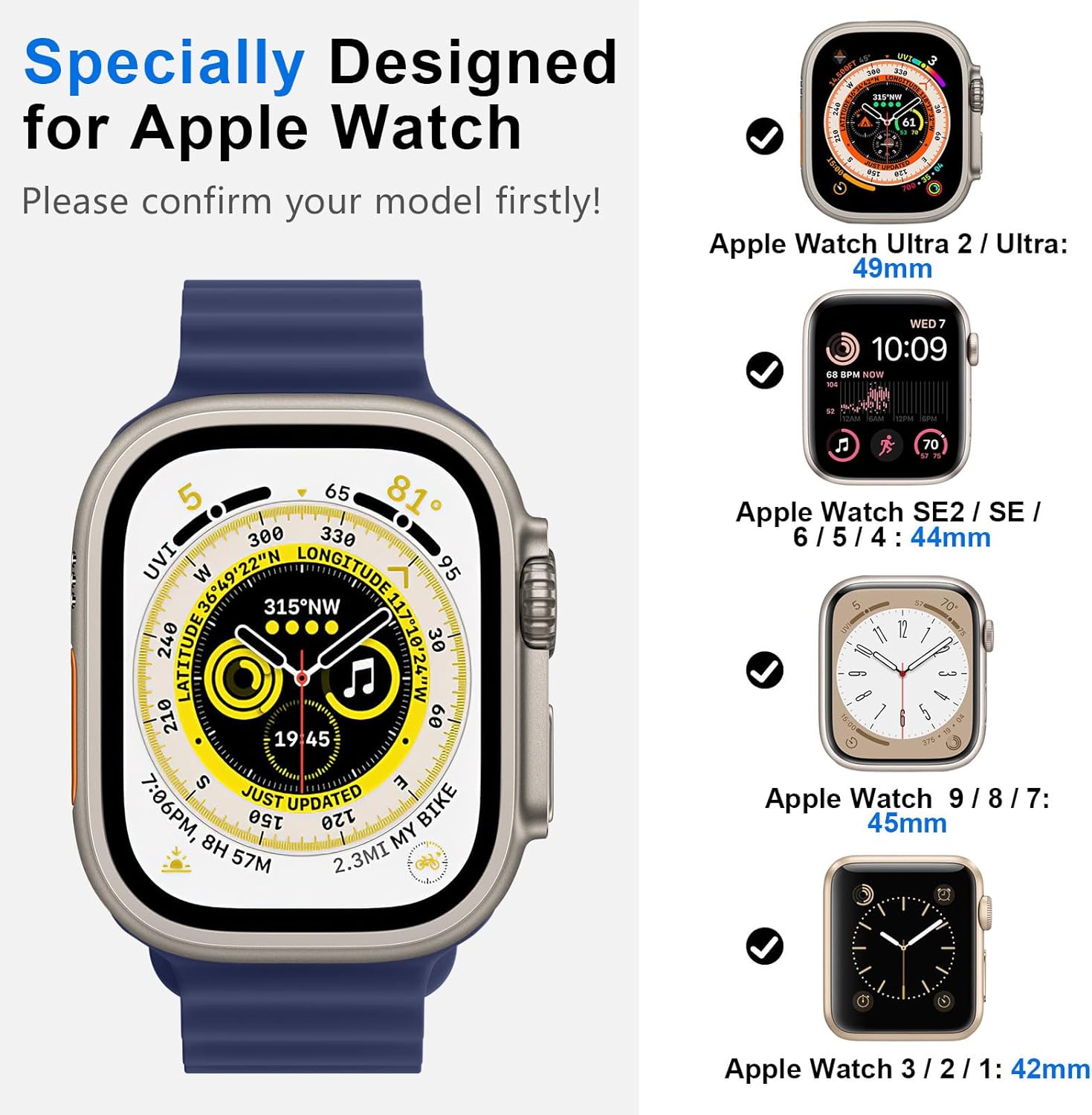 Correa de silicona Ocean compatible con Apple Watch Band Ultra2 Ultra de 1.929 in, 1.772 in, 1.732 in, 1.654 in, iWatch Series 9, 8, 7, SE2, SE, 6,
